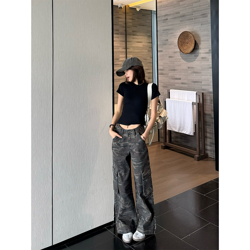 王家有鱼迷彩色工装阔腿裤2025年夏季新款牛仔裤百搭时尚直筒女裤