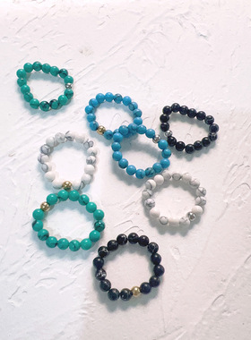 欧美跨境简约时尚设计天然石松石不锈钢手工编织串珠弹力戒指女