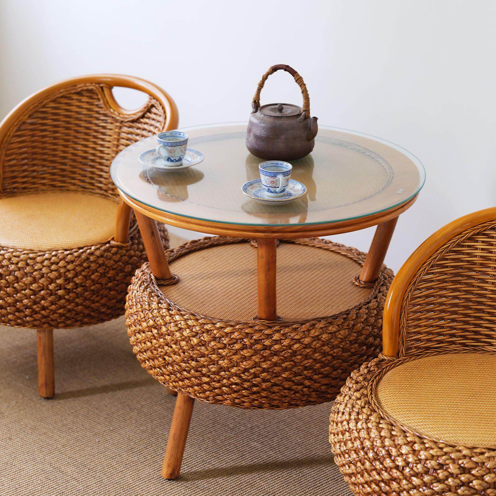 阳台小矮藤椅三件套简约藤条编织靠背椅茶几圆形藤编老人休闲座椅,淘宝优惠券,粉丝福利购,淘宝优惠卷
