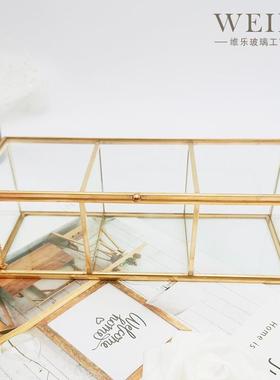 ins网红铜条桌面收纳玻璃合北欧分首饰摆件间隔三格玻璃收纳盒