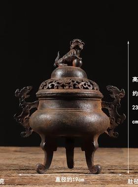 仿古铁器纯铁狮子双耳翘脚熏香炉古法工艺中式会所古典装饰摆件