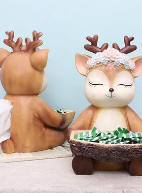 卡通动物鹿桌上树脂收纳盘纸抽盒创意多功能抽纸盒桌面装饰收纳盆