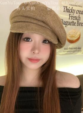 困困鱼头 日系灯芯绒软檐可翻折贝雷帽秋冬百搭复古英伦八角帽潮