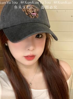 困困鱼头 重工精致刺绣狗狗水洗做旧软顶棒球帽百搭潮酷男女同款