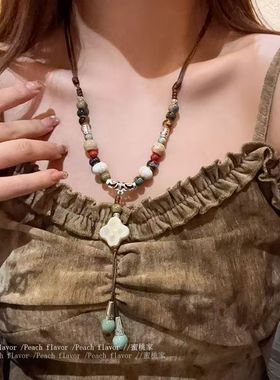 新中式陶瓷串珠花朵项链