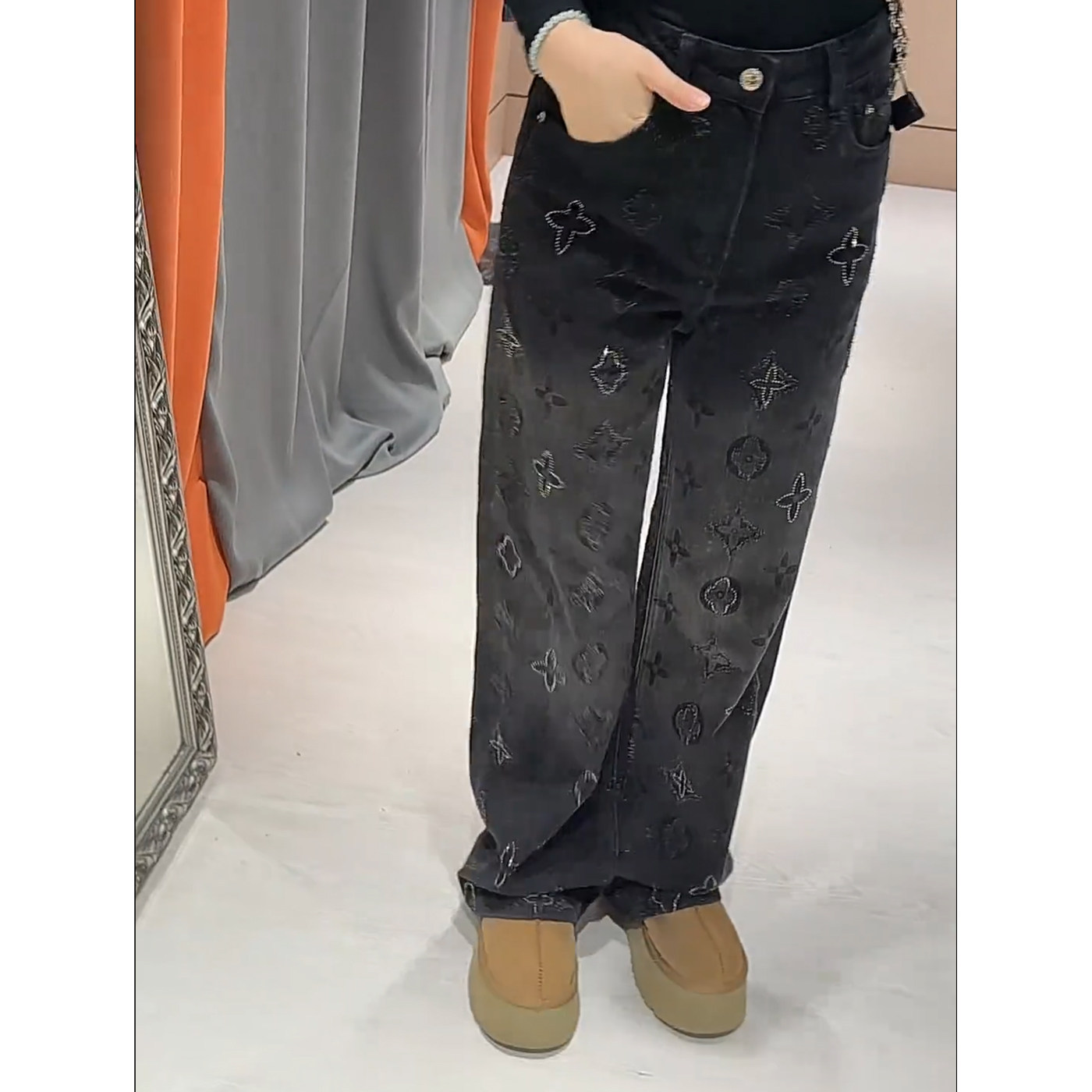 复古水洗高腰直筒牛仔裤女2025新款冬季刺绣提花加绒加厚阔腿裤子,淘宝优惠券,粉丝福利购,淘宝优惠卷