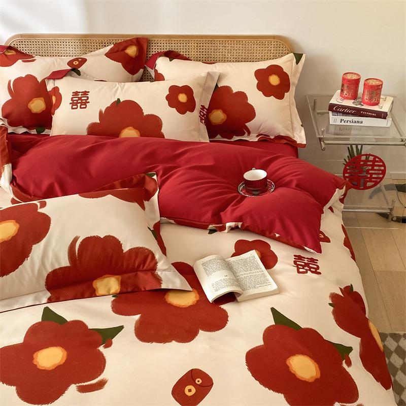网花婚红庆床上用品红四件套结婚喜被大色SL-5新被罩婚嫁妆被套床 - 图0