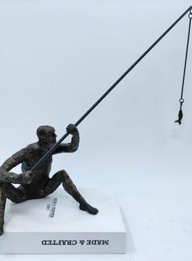 现代钓鱼客厅茶几摆件铸铁玄关卧室创意软装饰工艺品样板房现代