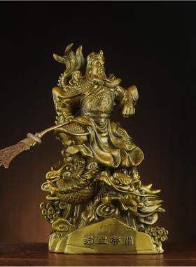 铜关公神像关帝圣君黄铜武财神摆件站龙骑龙关公关二爷站关公