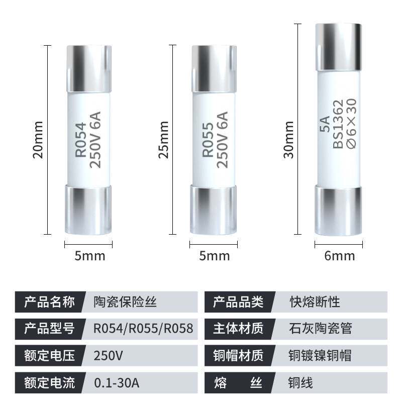 R055熔断器保险丝管RO54熔芯R058陶瓷250V芯子1A2A3A6A8A10A20A30 - 图2