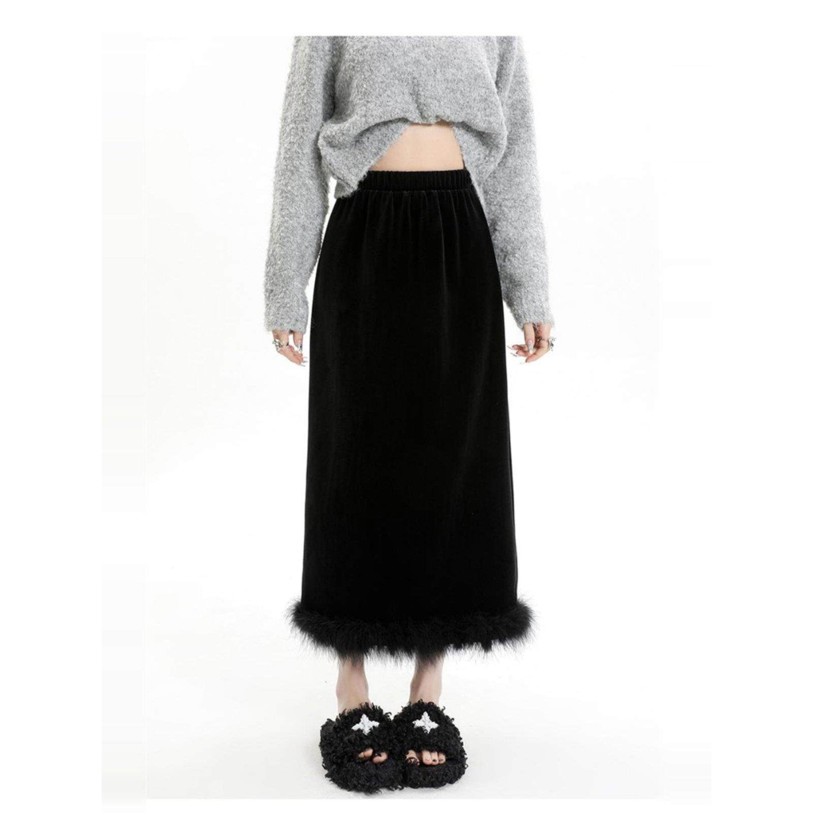 法国rouje hrners法式黑色丝绒毛边半身裙女赫本风高腰开叉包臀裙,淘宝优惠券,粉丝福利购,淘宝优惠卷