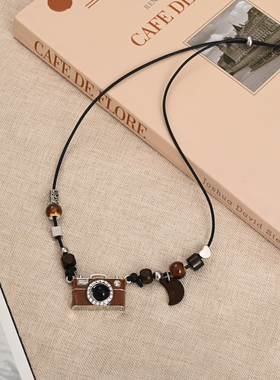 复古棕色胶片相机项链女款小众