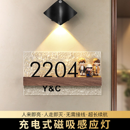 入户门牌号高级感轻奢创意家用定制2025新款门口奶油风可爱生肖玩偶数字号码门贴卧室房间感应灯发光装饰挂牌 - 图0