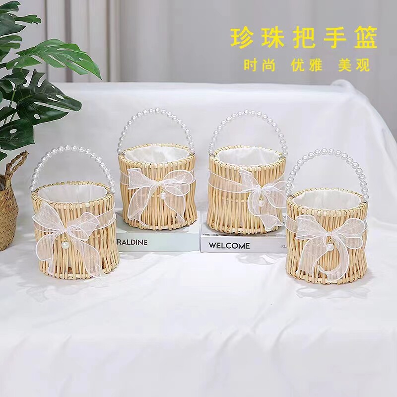 编织手提珍珠伴手礼提篮满月结婚伴娘生日活动小礼品盒竹编女包包 - 图0