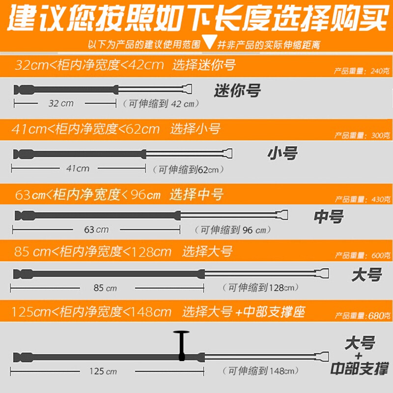 加厚不锈钢衣橱柜内伸缩挂衣杆阳台免打孔调节晾衣单杆新品含配件