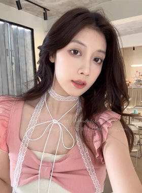 蕾丝飘带叠戴层次感设计蕾丝飘带细窄女春夏百搭锁骨颈带丝巾项链