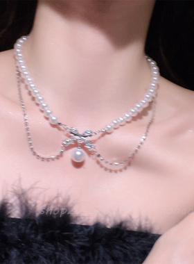 双层蝴蝶结珍珠项链女2025年新款爆款轻奢小众网红锁骨链颈链配饰