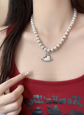 土星kt猫珍珠项链女小众设计y2k甜酷辣妹锁骨链潮颈链配饰