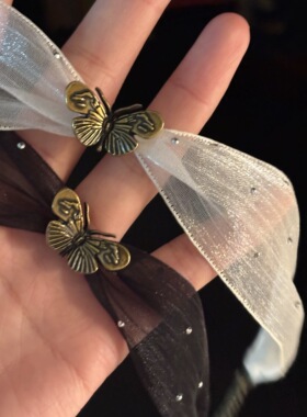 Vintage古着 白色蕾丝蝴蝶短款项圈choker锁骨链复古小众丝带项链