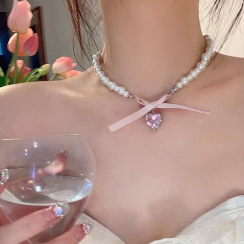 法式粉色爱心蝴蝶结珍珠项链女choker公主可爱锁骨链轻奢颈链配饰 - 图3