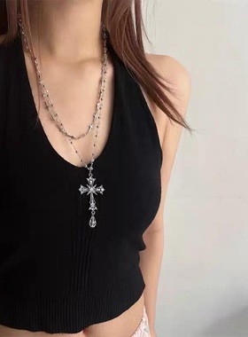 原创甜酷y2k个性多层叠戴水晶串珠十字架项链小众哥特辣妹锁骨链