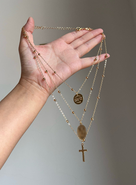 中古金色圆牌十字架项链vintage复古多层叠戴锁骨链ins风辣妹颈链