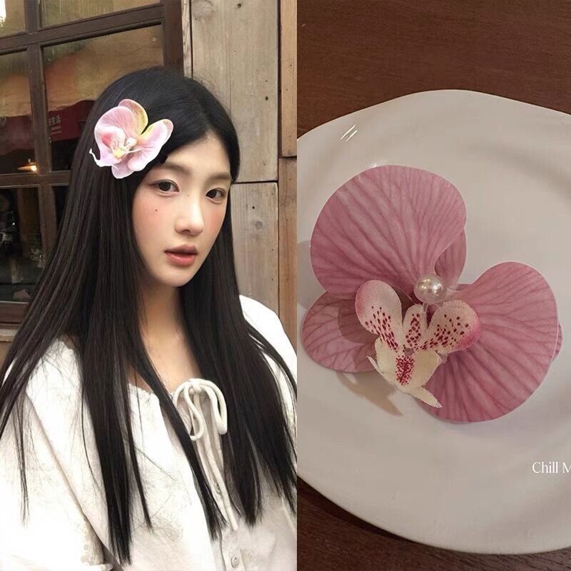 今世戴花蝴蝶结兰花朵边夹女氛围感拍照出片刘海夹海边度假头饰