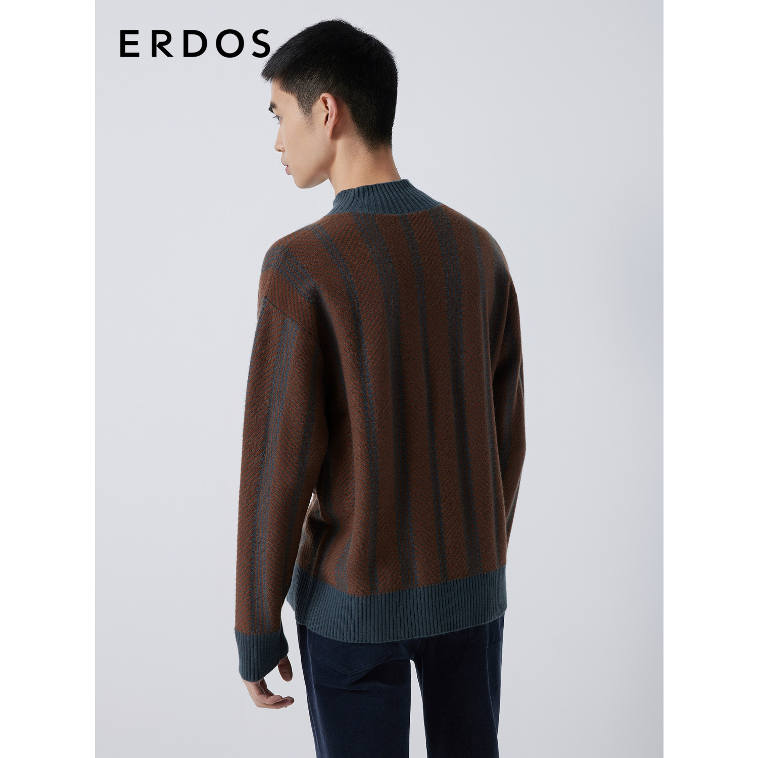 ERDOS 男装羊绒衫秋冬半高领拼色翻花厚款宽松微弹针织衫,淘宝优惠券,粉丝福利购,淘宝优惠卷