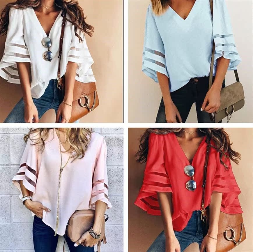 women summer clothes blouse horn sleeve T-shirt plus size - 图2