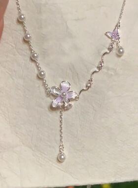 S925纯银紫色花朵珍珠项链2026新爆款精致轻奢小众高级感锁骨颈链