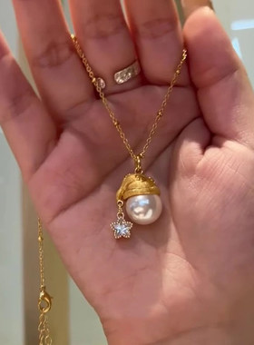 金色拉丝圣诞帽仿珍珠项链女款
