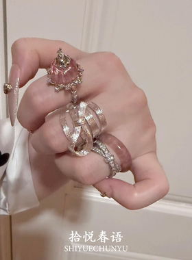 法式粉色布丁蝴蝶结戒指女甜美