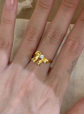 中古绑带蝴蝶结金色戒指甜美少女心食指戒指环