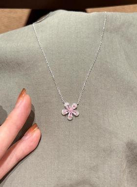 超闪粉色五叶花项链甜美轻奢小众银色锁骨链礼物