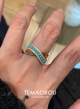 仿绿松石交错金色戒指女复古高级