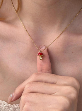 森系复古独特珐琅红色蘑菇项链女