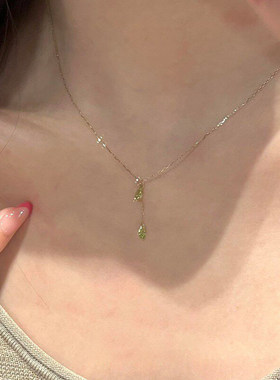 韩系极简风绿色水滴吊坠项链女款