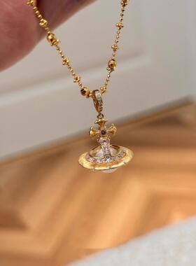 金色拉丝土星圆环项链女款精致