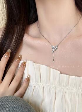 925纯银蝴蝶结锆石项链女款夏轻奢小众高级感锁骨链2023新款爆款