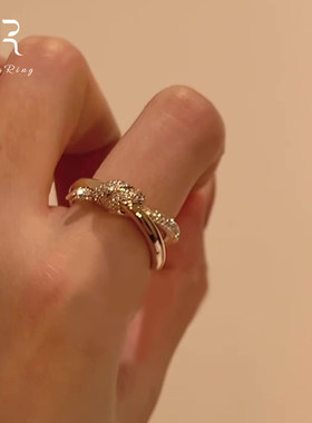 玫瑰金爆闪绳结戒指女款小众设计