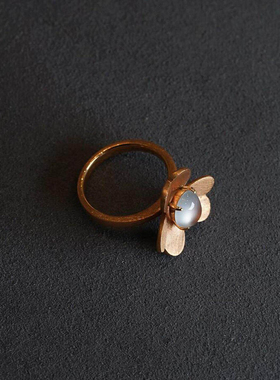 拉丝白月光金色花朵戒指女款小众