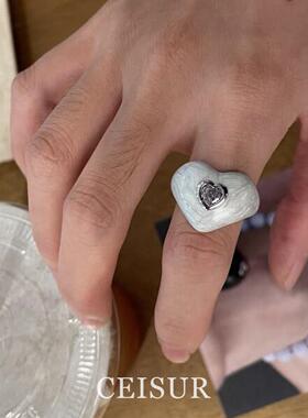 滴釉黑白爱心戒指小众设计食指戒