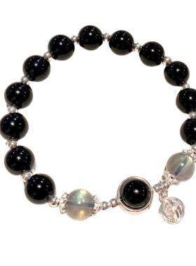 925纯银灰月光石黑曜石水晶女生手链简约复古风手串首饰闺蜜礼物