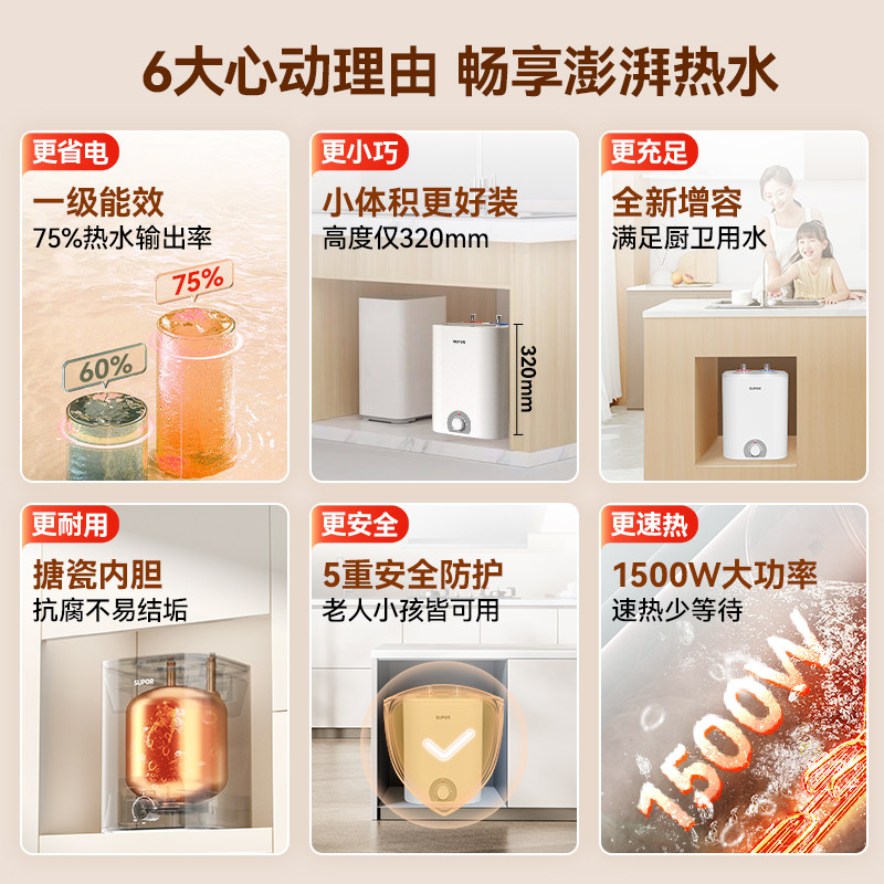 苏泊尔储水式小厨宝家用小型迷你厨房洗手台热水宝厨宝台下热水器,淘宝优惠券,粉丝福利购,淘宝优惠卷