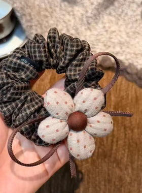 韩系复古格纹花朵大肠发圈百搭