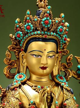 藏村彩珠镶嵌《四臂观音》室内家用全鎏金《观音菩萨》铜佛像摆件