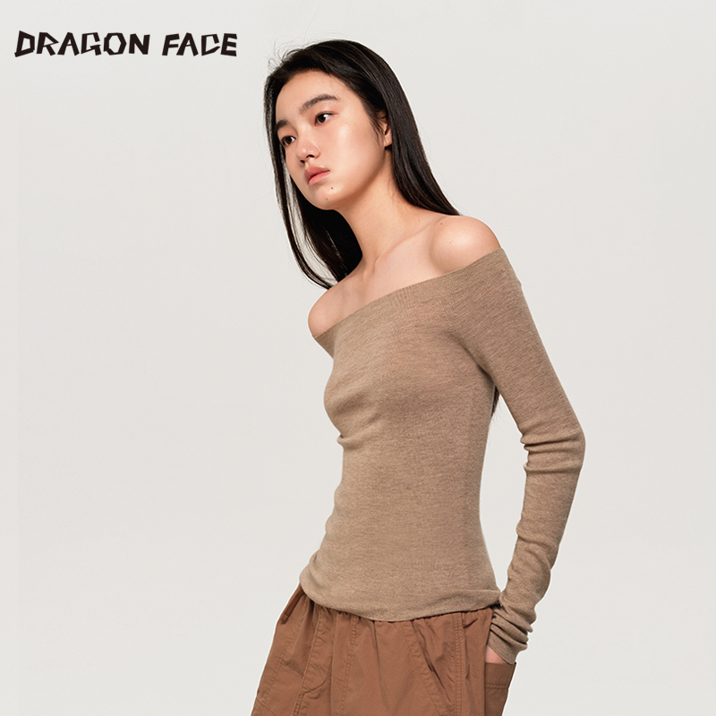 【明星同款】龙脸DRAGONFACE 羊绒斜肩打底长袖针织衫 100%山羊绒 - 图2