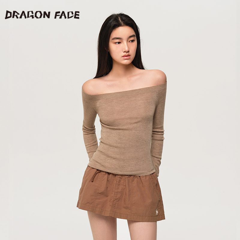 【明星同款】龙脸DRAGONFACE 羊绒斜肩打底长袖针织衫 100%山羊绒 - 图1