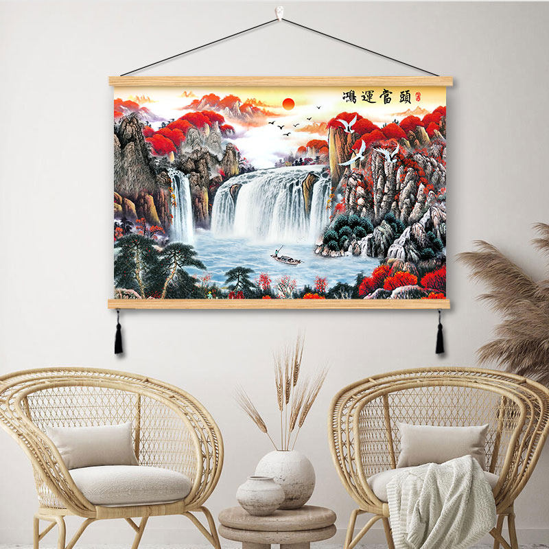 鸿运当头挂画办公室字画实木装饰画山水风景客厅聚财沙发背景墙画