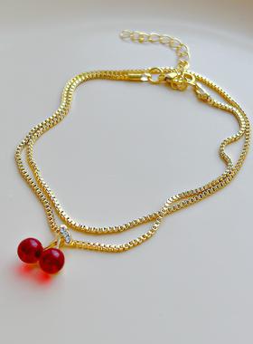 Red cherry pendant necklace women跨境红色樱桃吊坠项链女小众